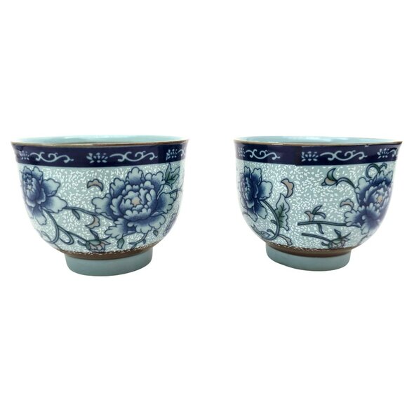 Vintage Blue Floral Porcelain Tea Cups Set of 2 Brown Accent je192 - Picture 2 of 5